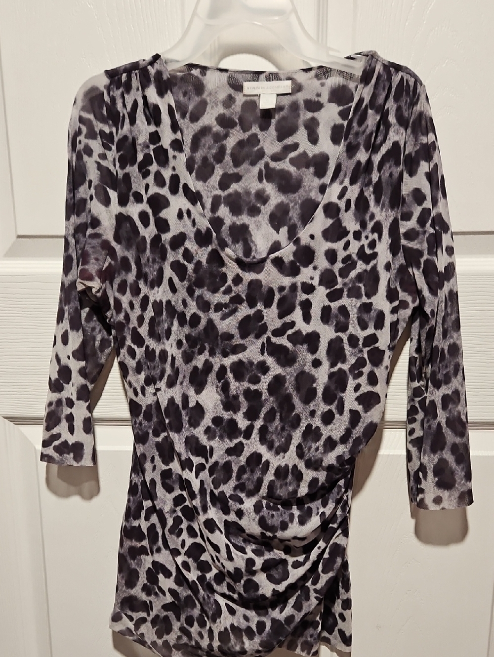 New York & Company Black and White Leopard-Print Long Sleeve Scoop Top